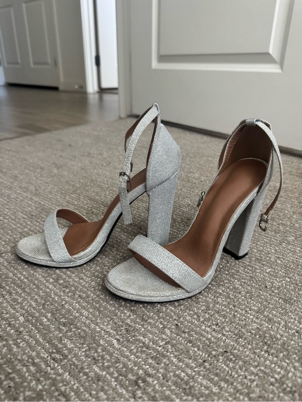 Silver Glitter Block Heel Sandals with Ankle Strap